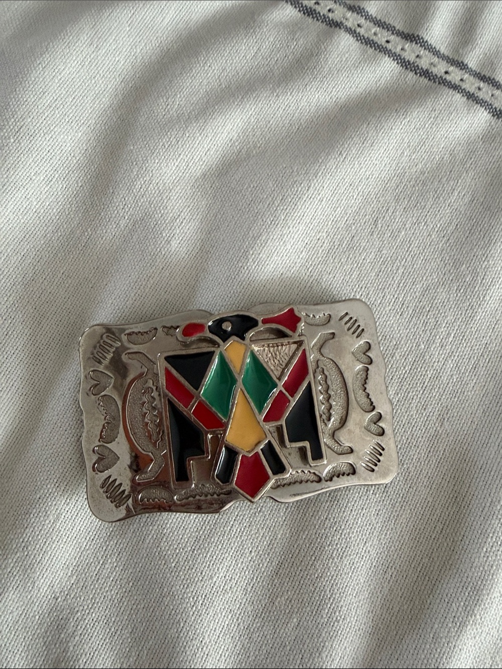 Silver-tone Geometric Enamel Thunderbird Belt Buckle - Multicolor